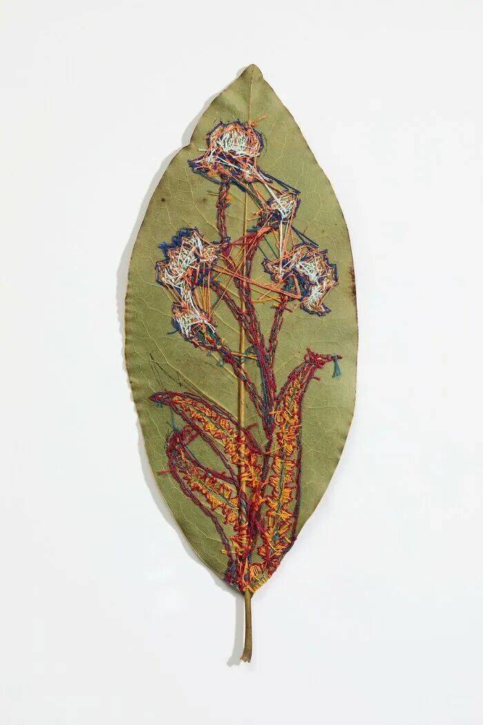 她用針線在幹樹葉上刺繡，最終完成的作品，讓人直呼驚豔
